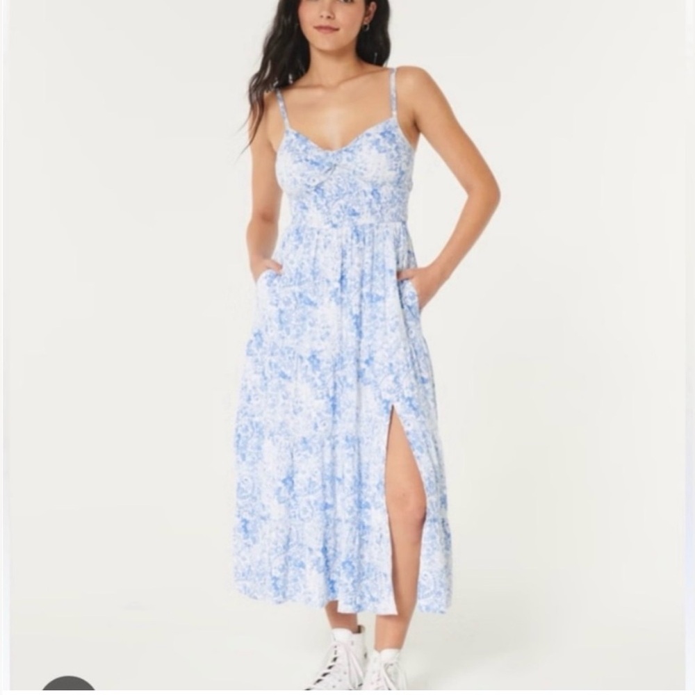 Hollister Blue & White Floral Midi Dress with Side Slit